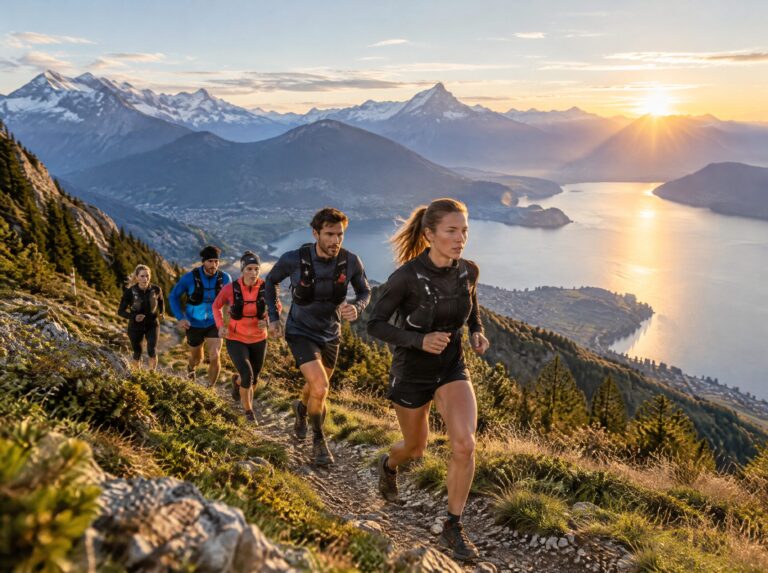 Outdoor-Bootcamp auf einem Bergweg über dem See