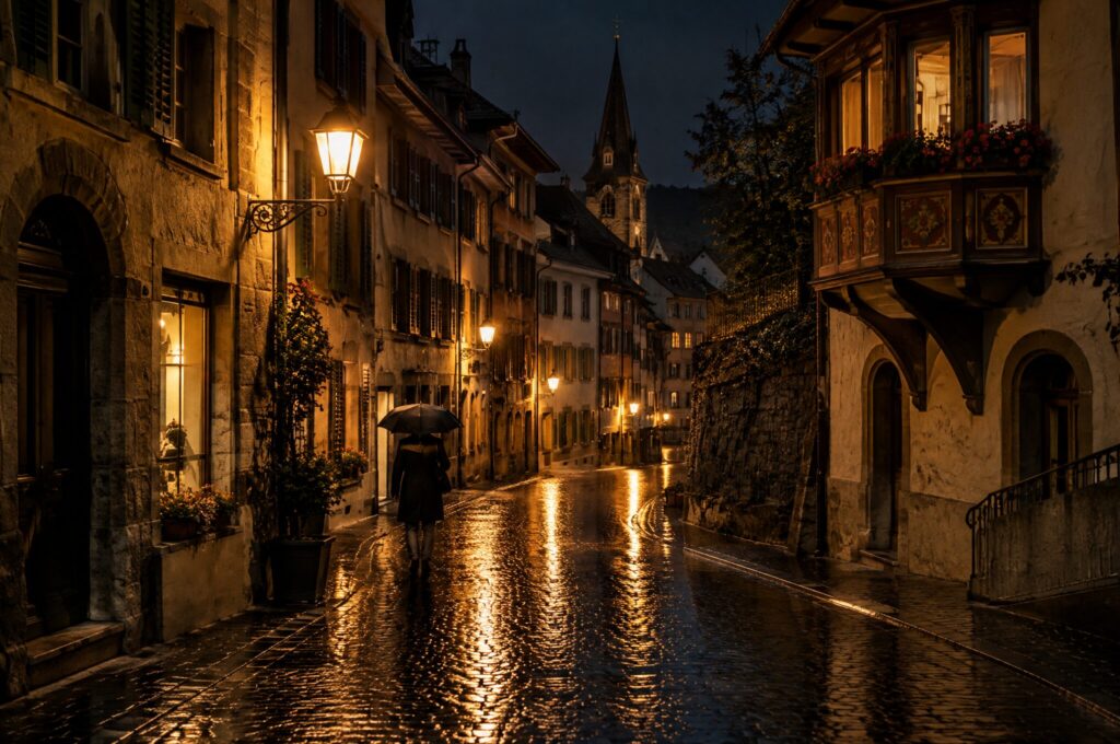 Altstadtgasse bei Nacht, das Pflaster glänzt nach dem Regen