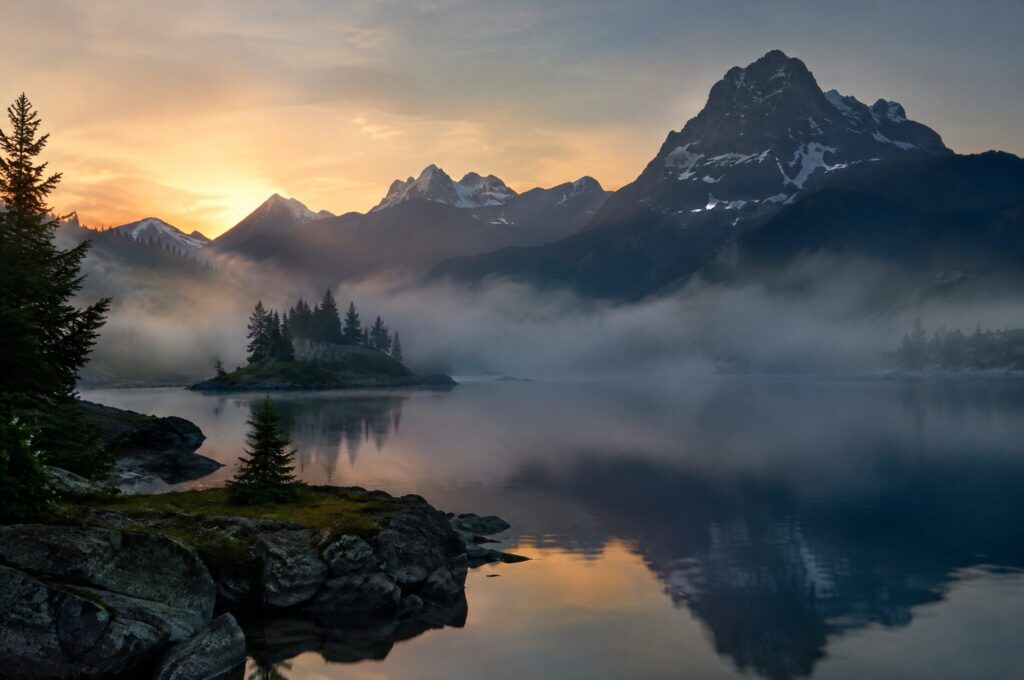 Bergsee im Morgennebel zwischen dunklen Hängen