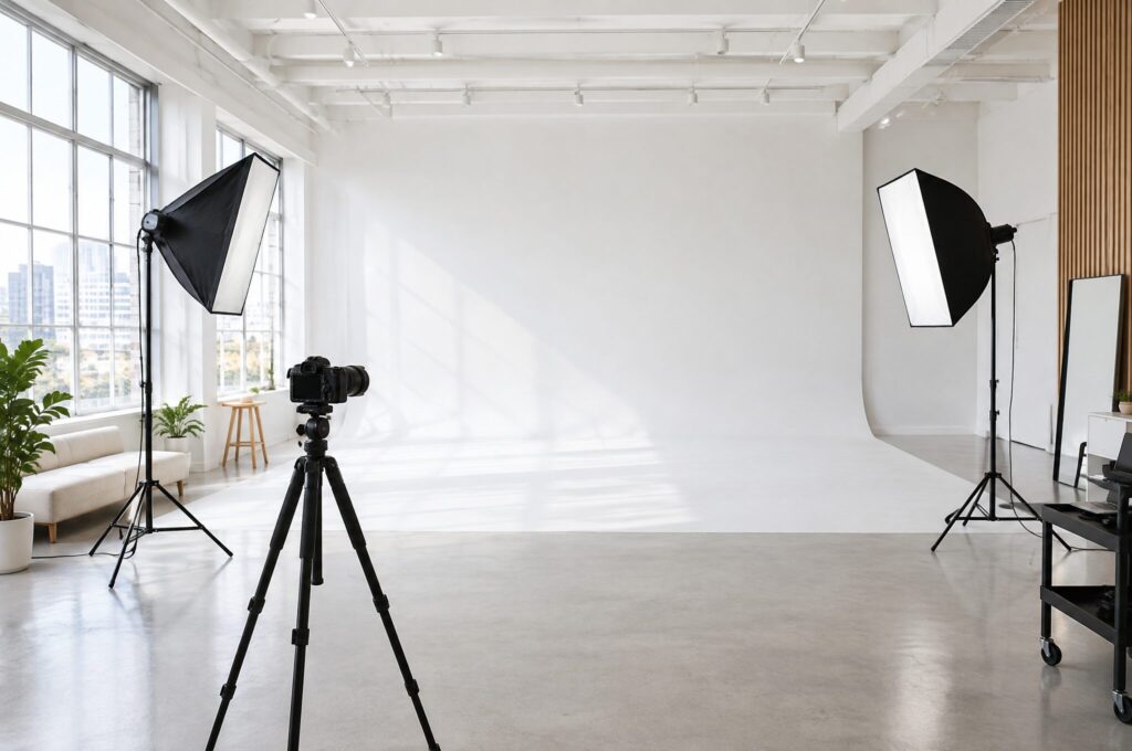 Helles Fotostudio mit weisser Hohlkehle und Blitzanlage