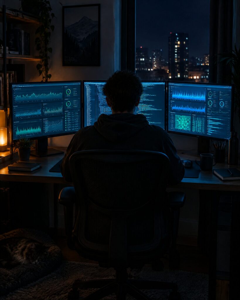 Arbeitsplatz mit Überwachungsbildschirmen am Abend